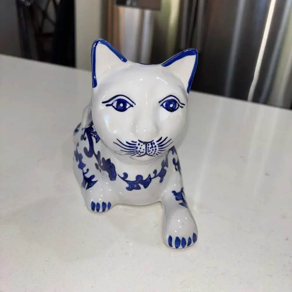 Vintage Blue and White Porcelain Chinoiserie Cat Figurine